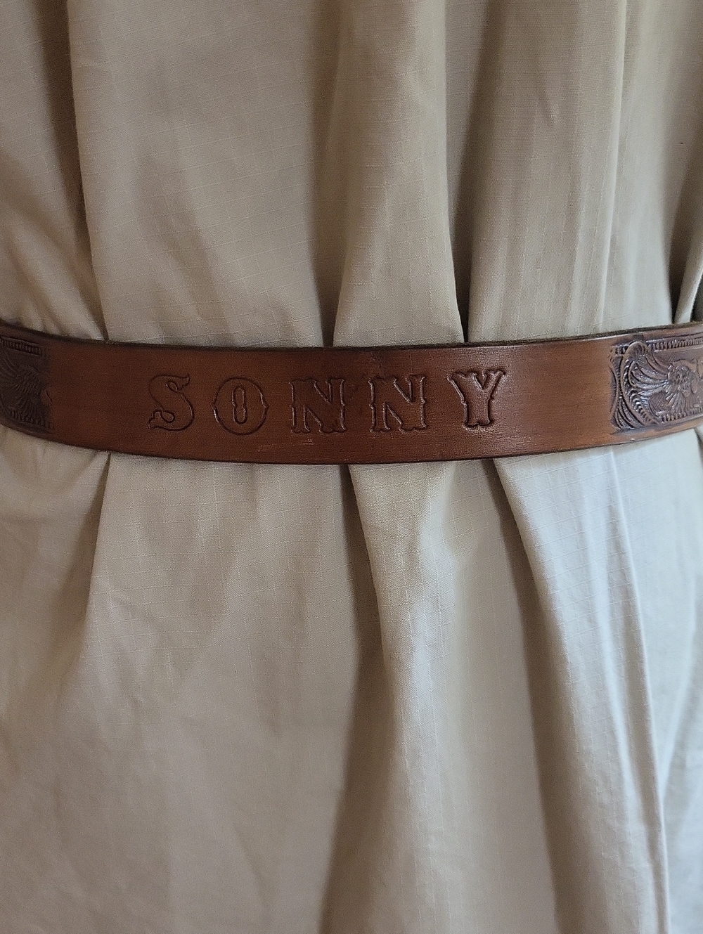 Personalized Brown Leather Belt with "SONNY" Embossing, Men's 48
